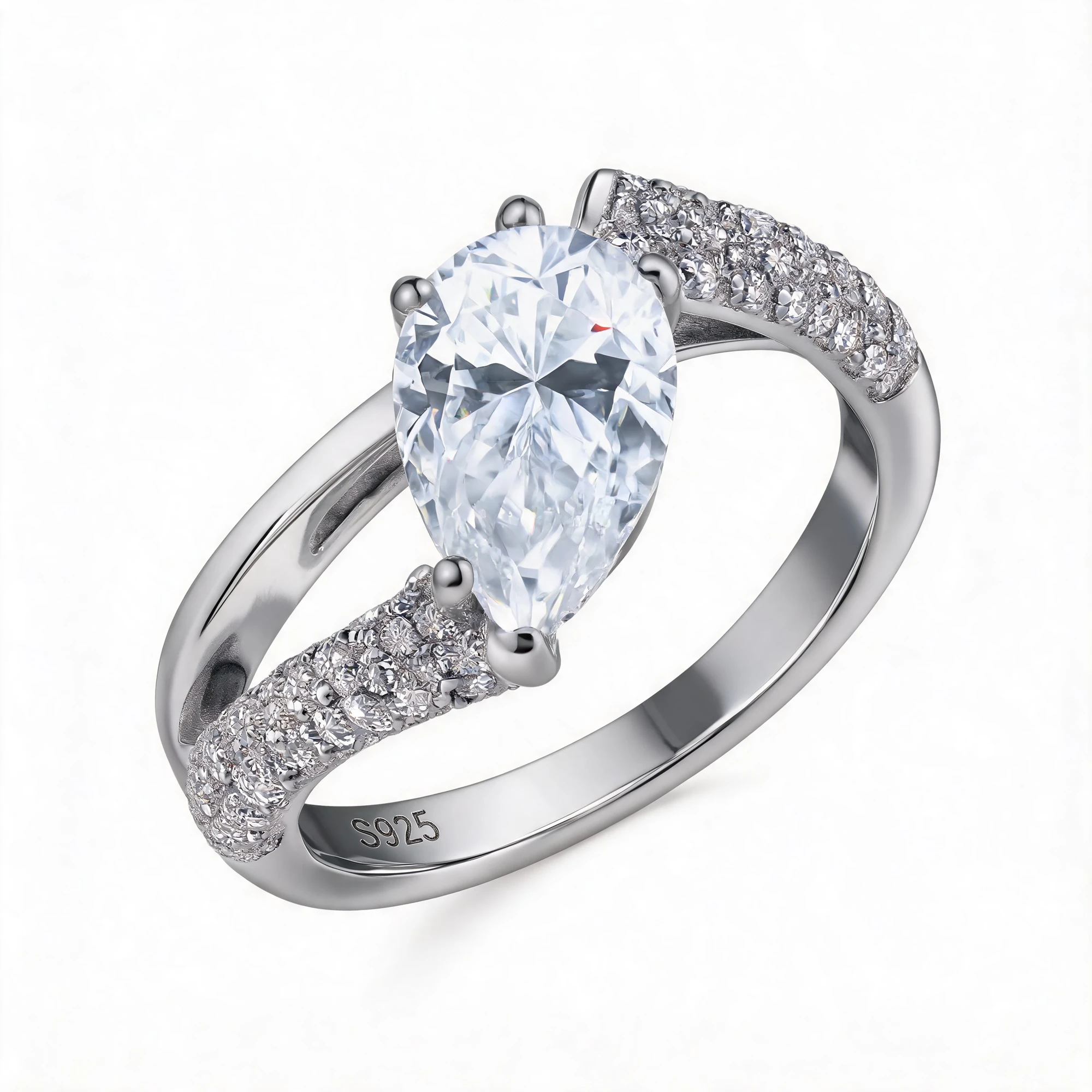 S925 Sterling Silver Pear Moissanite Ring with D-E Color Stone and Electroplated Finish