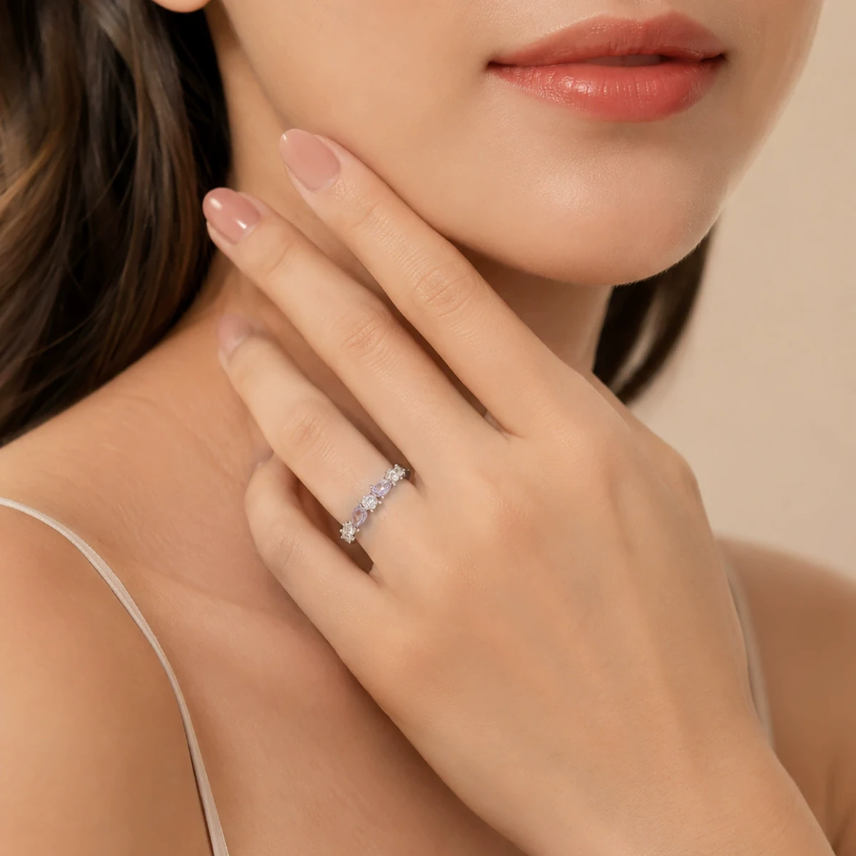 Colorful CZ silver stacking ring worn on the hand
