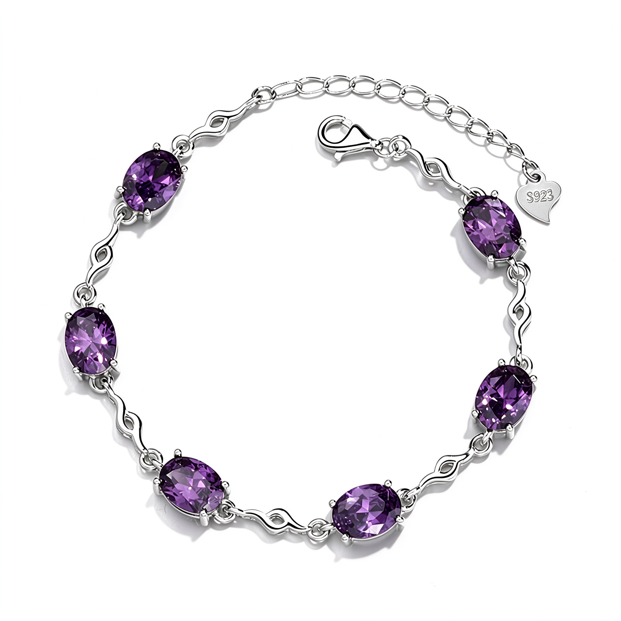 Amethyst Bracelet Sterling Silver – Six Oval Station Infinity Chain
