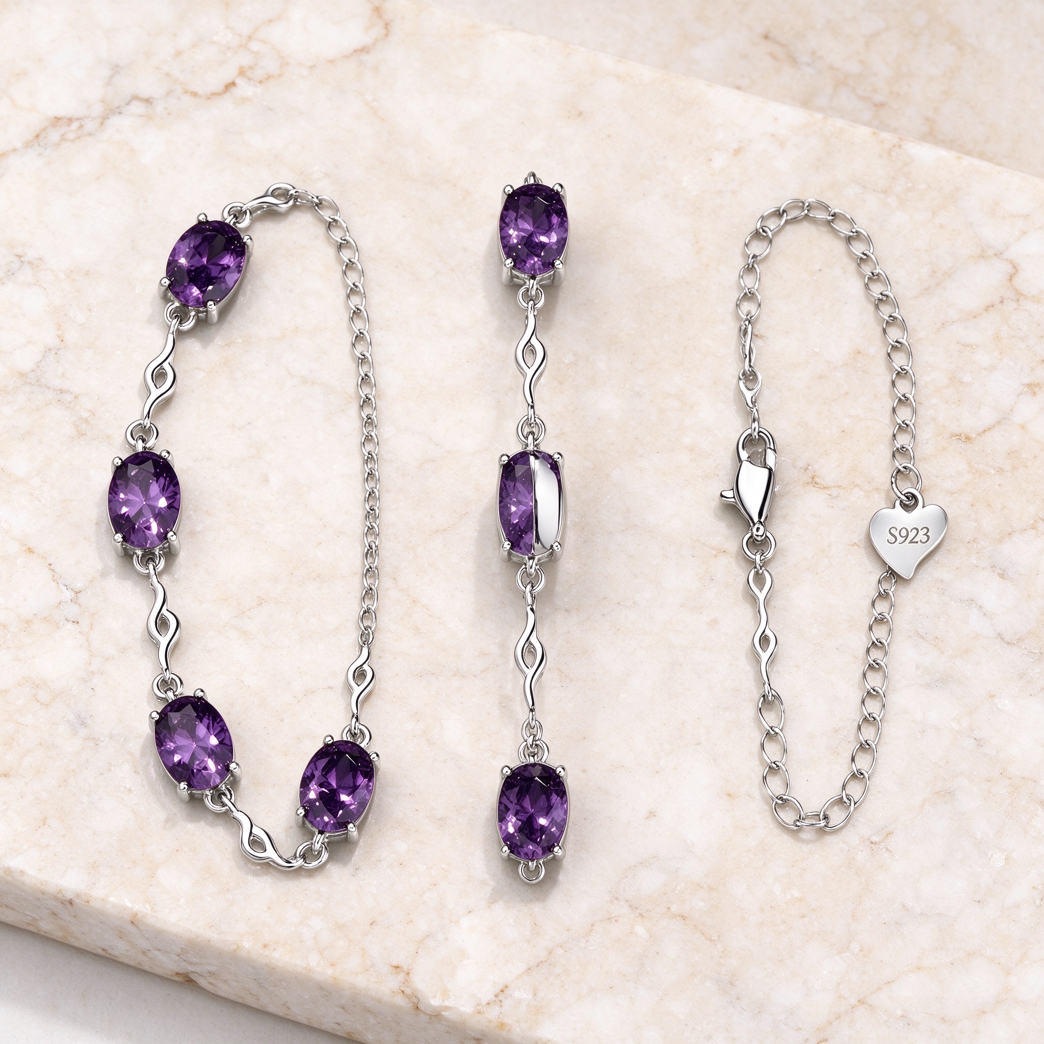 Amethyst bracelet back view showing infinity wave links and 925 sterling silver chain