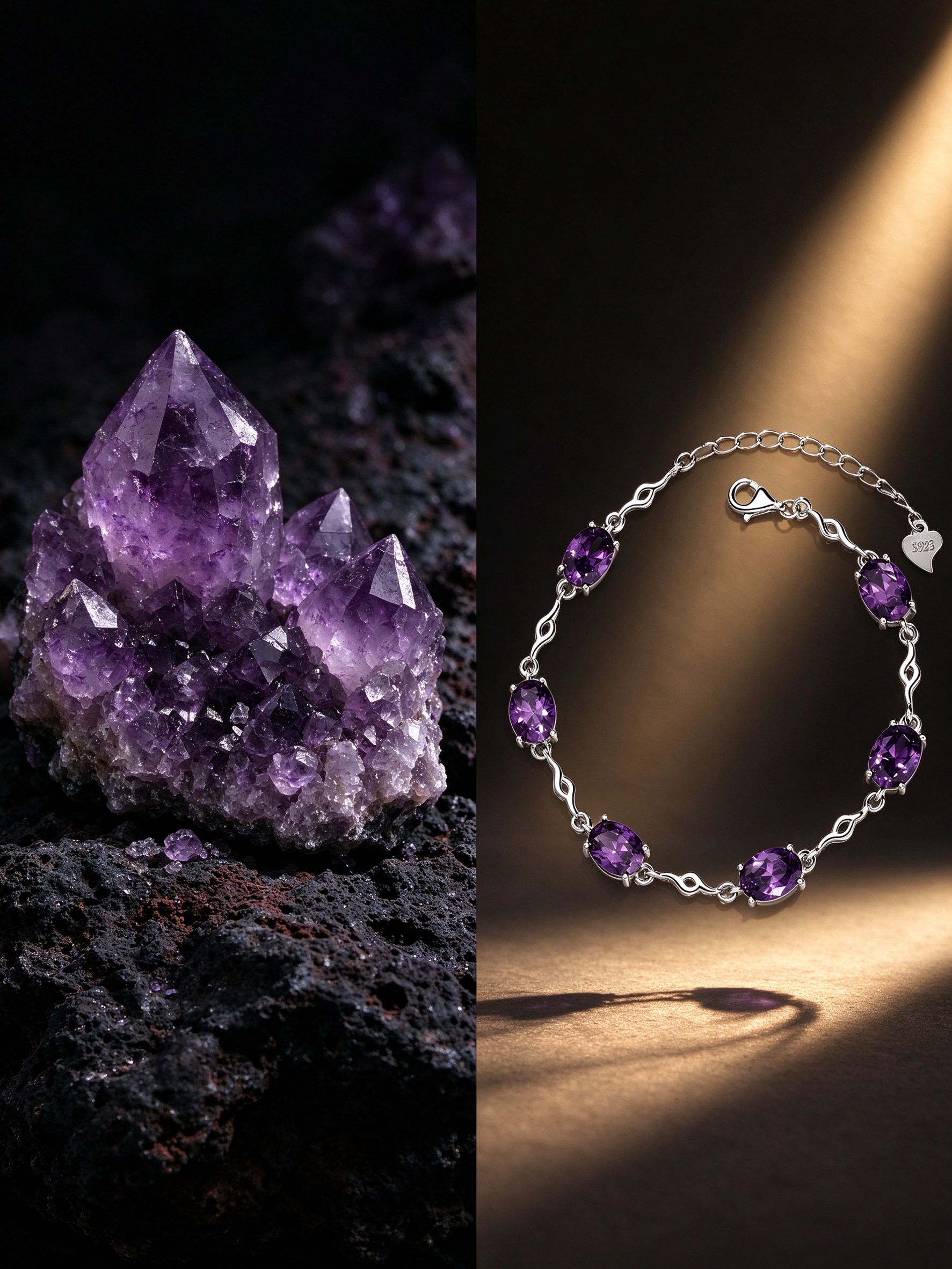 Woman wearing oval station amethyst bracelet on wrist with sterling silver infinity chain