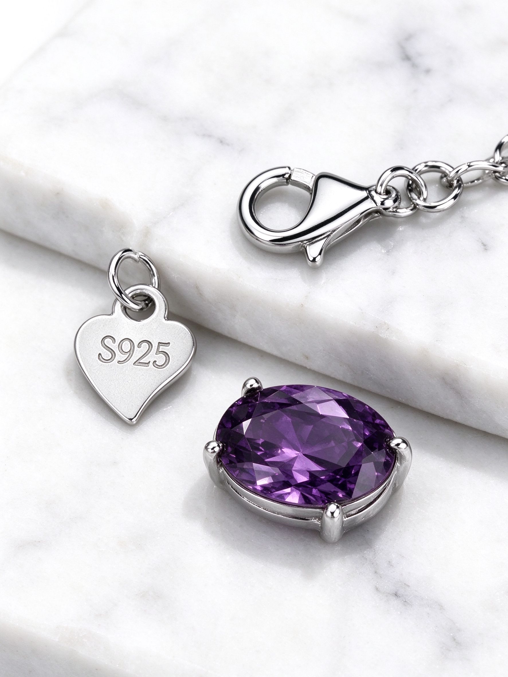 Amethyst bracelet 925 sterling silver lobster clasp with stamped heart tag and extension chain