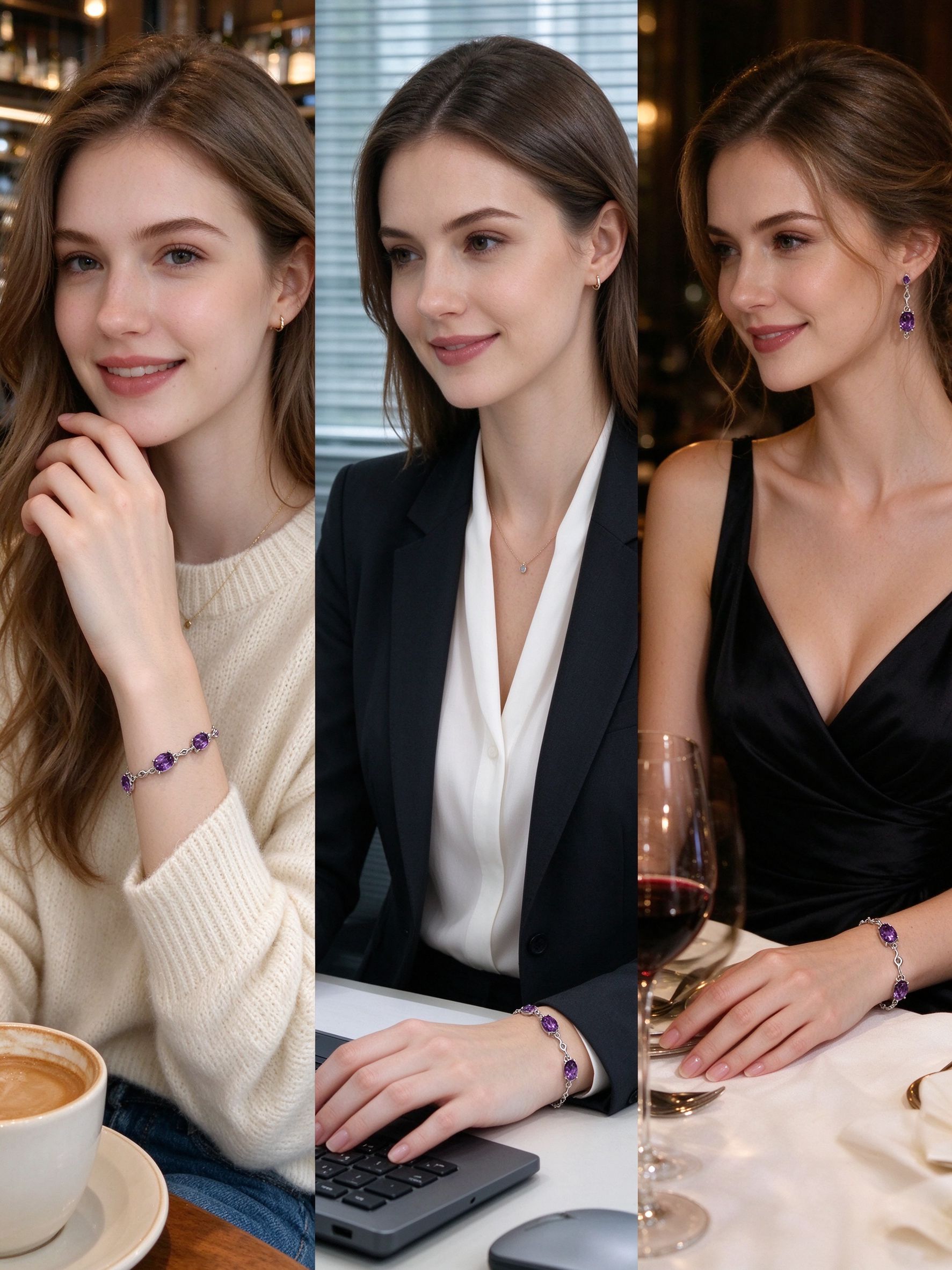 Three styling ways to wear amethyst station bracelet: casual, office, evening