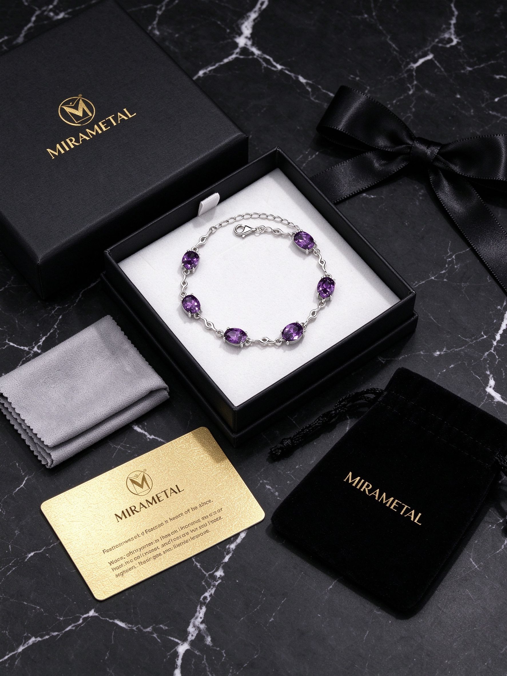 Amethyst bracelet sterling silver in MIRAMETAL luxury gift box with care card