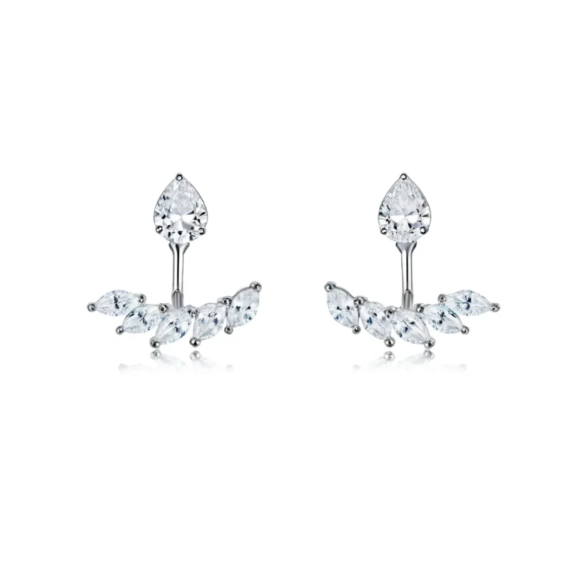 Teardrop moissanite ear jacket earrings in925 sterling silver, pear halo pair on white - teardrop moissanite earrings