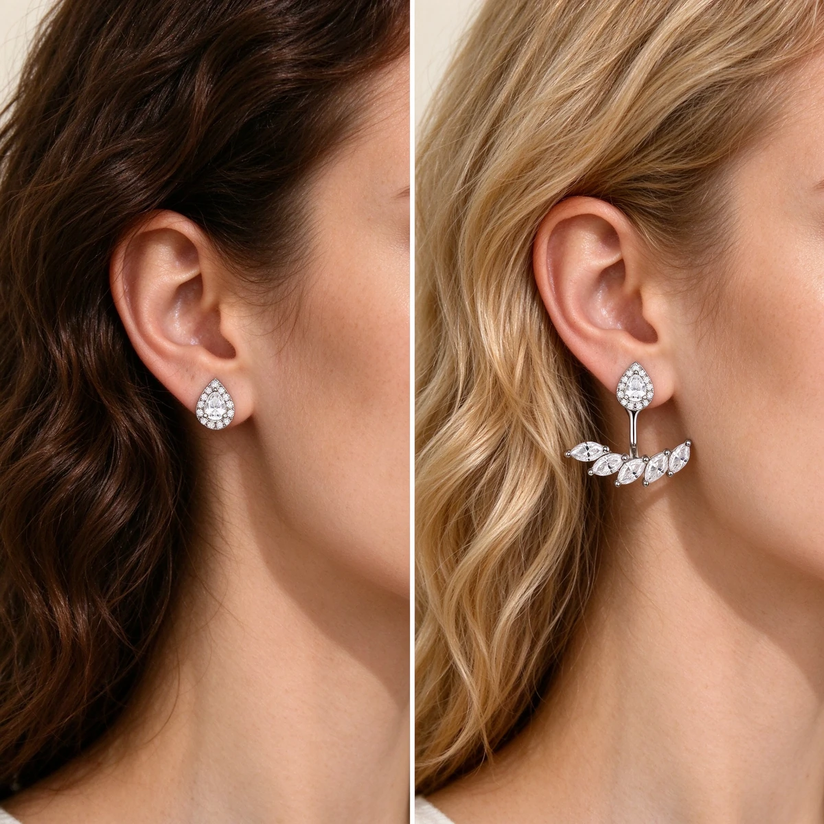 Styling guide for teardrop moissanite ear jacket earrings - teardrop moissanite earrings