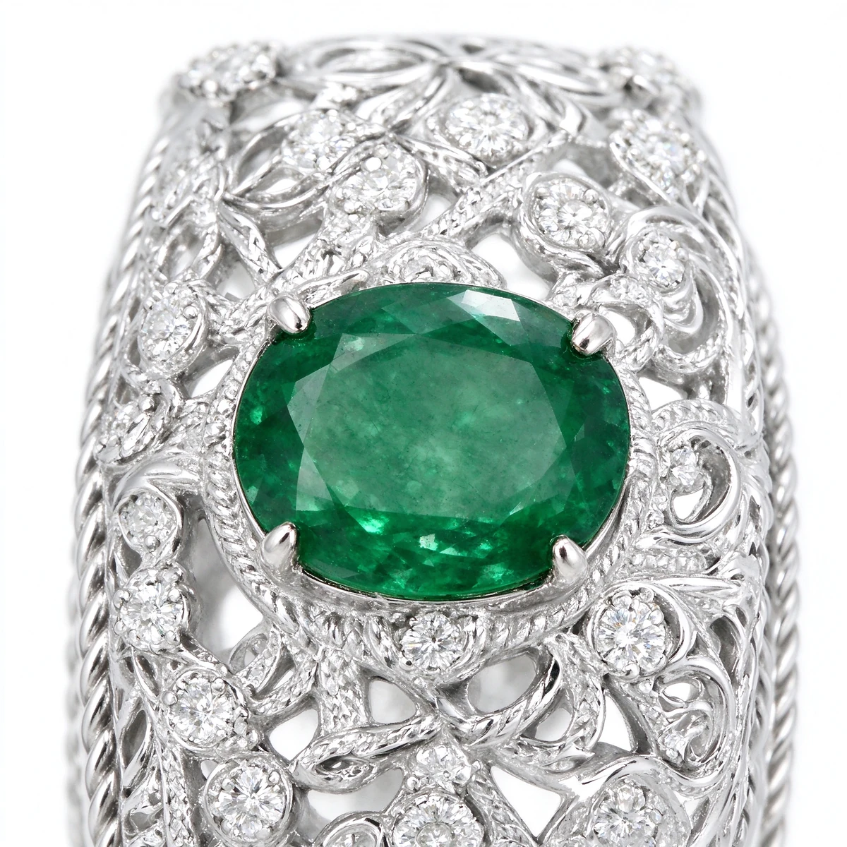 Green Moissanite Lace Ring - green moissanite lace ring in 925 sterling silver, side view