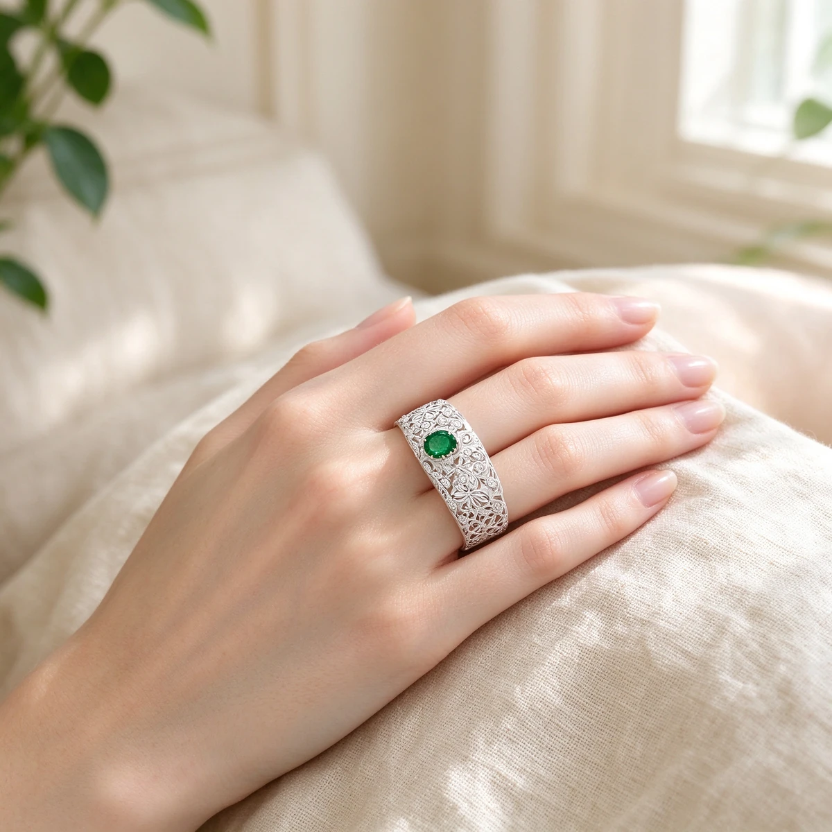 Green Moissanite Lace Ring - 925 Sterling Silver - green moissanite lace ring product image
