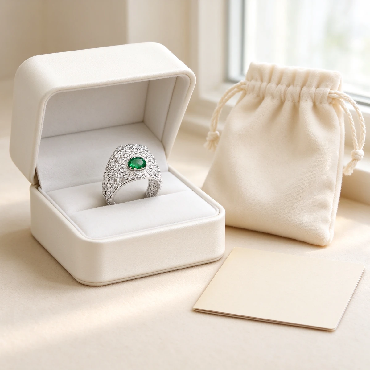 Green Moissanite Lace Ring - 925 Sterling Silver - green moissanite lace ring product image