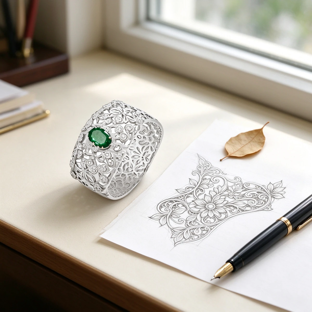 Green moissanite lace ring design story with openwork filigree band