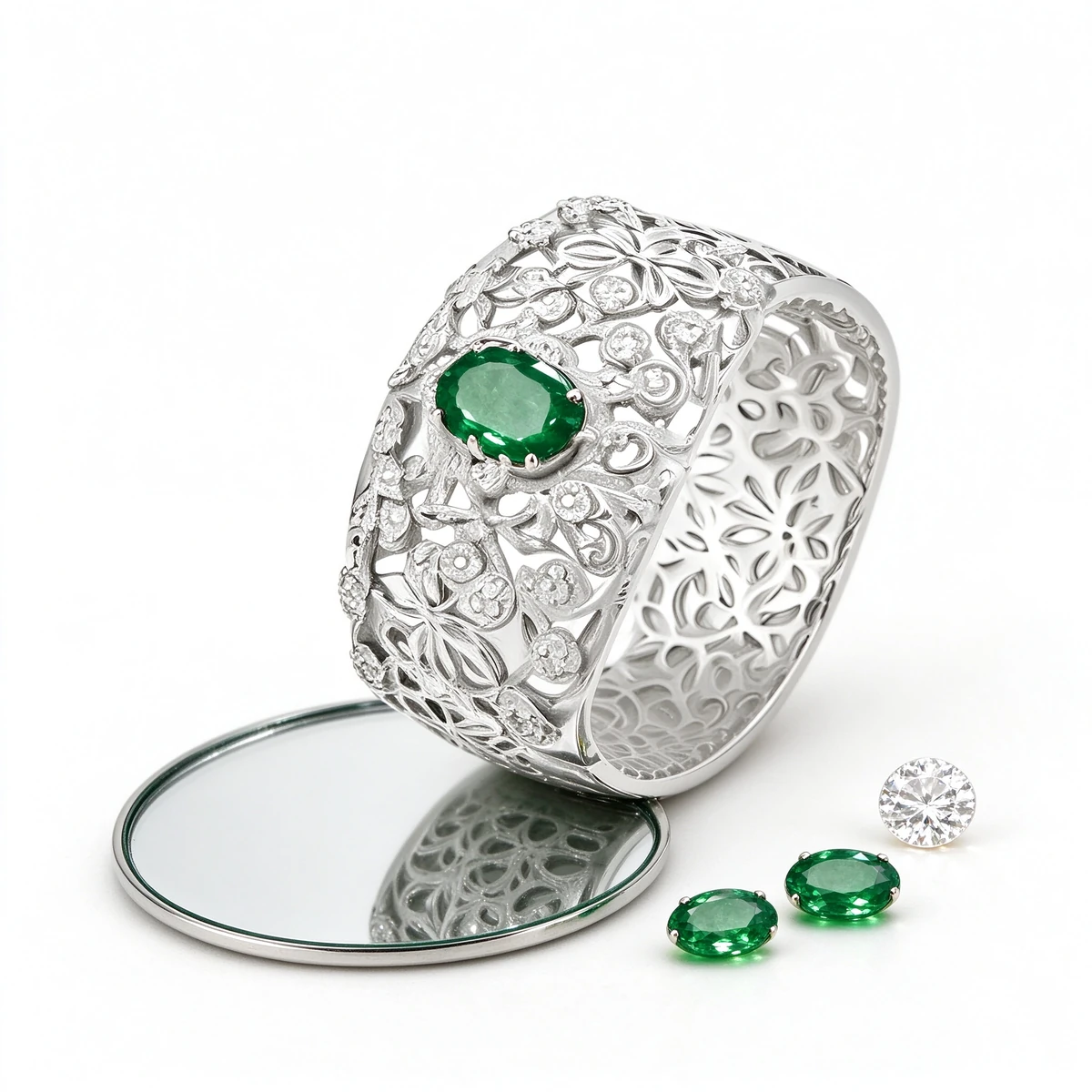 925 silver material detail of green moissanite lace ring