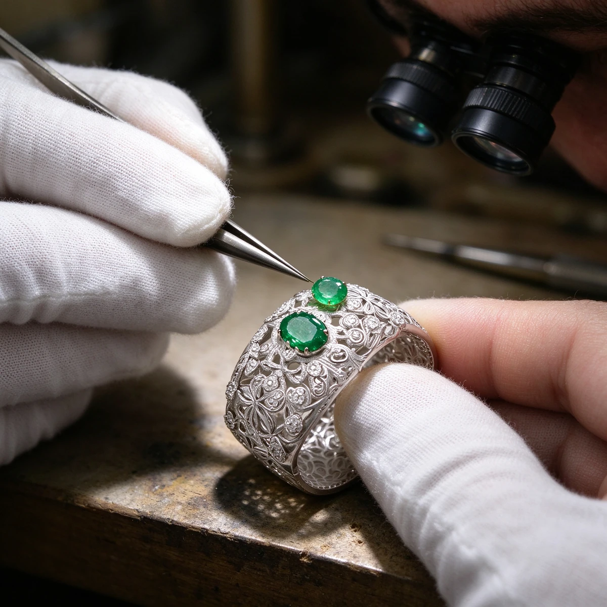 Green moissanite lace ring craftsmanship close-up of filigree and halo