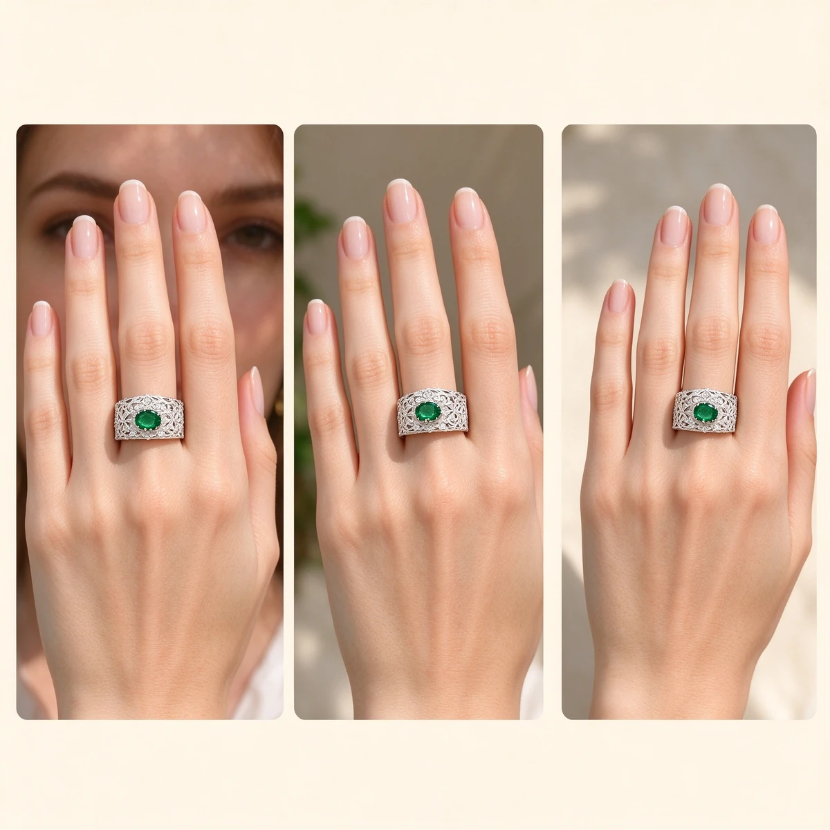 Styling guide for the green moissanite lace ring