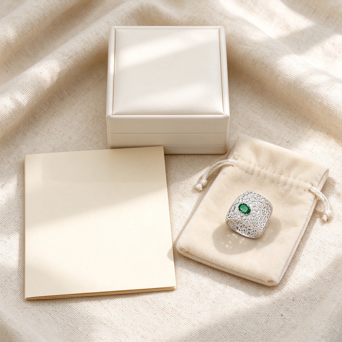 Green moissanite lace ring gift presentation with certificate