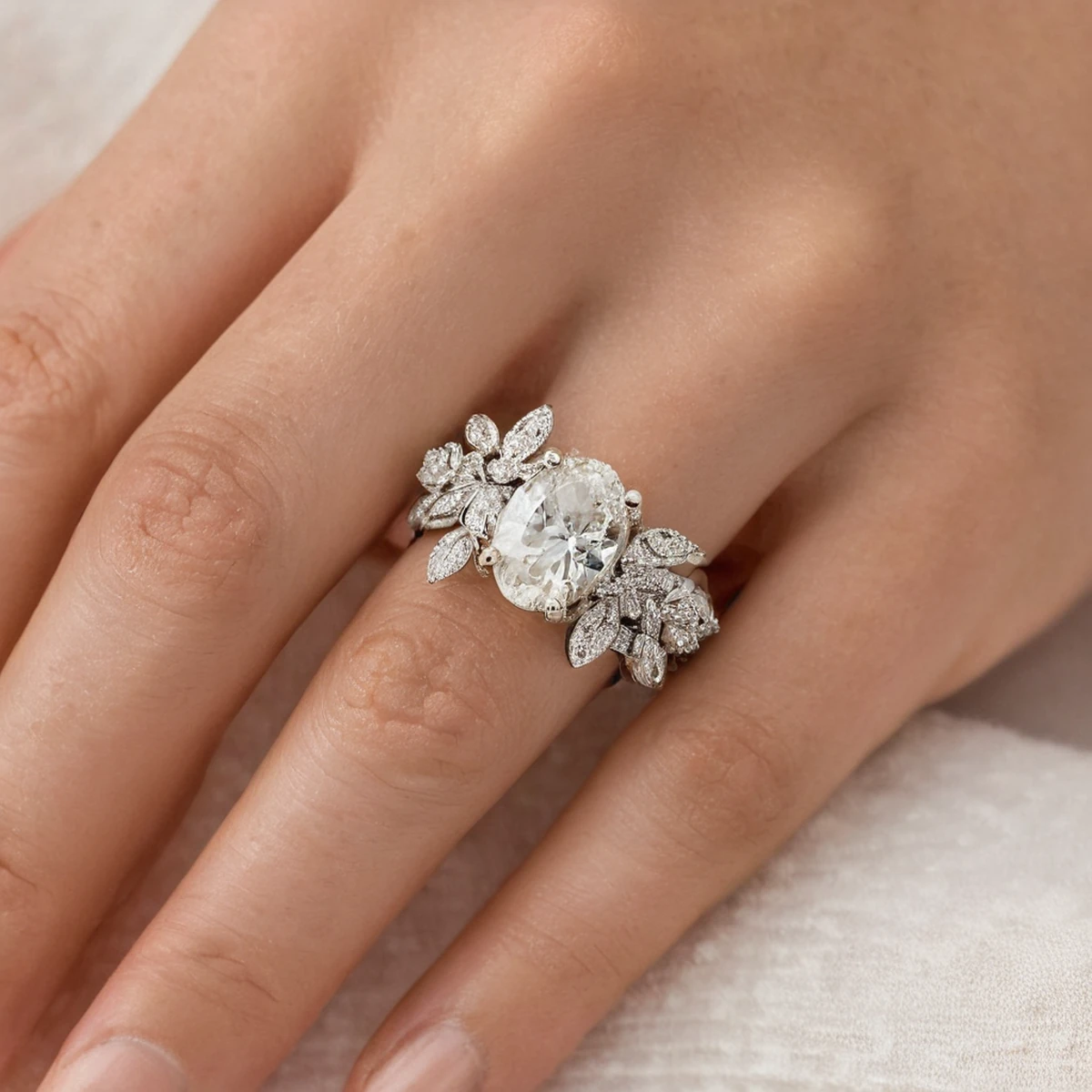 European American woman wearing three-piece moissanite stack ring set - moissanite ring set