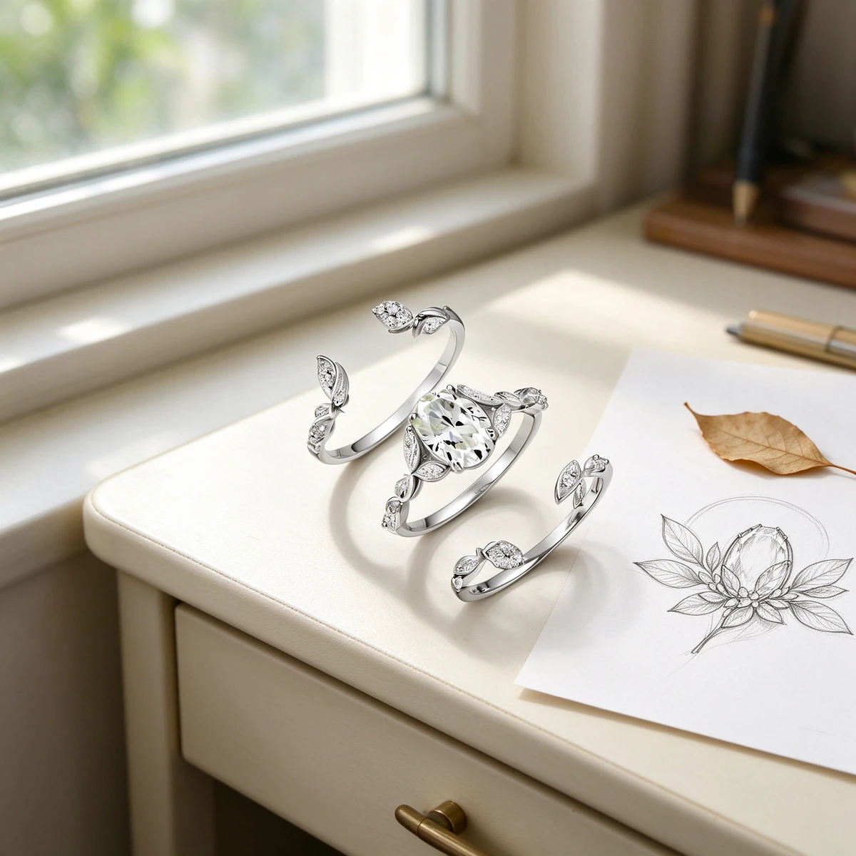 Moissanite ring set design story with oval centre and marquise leaves