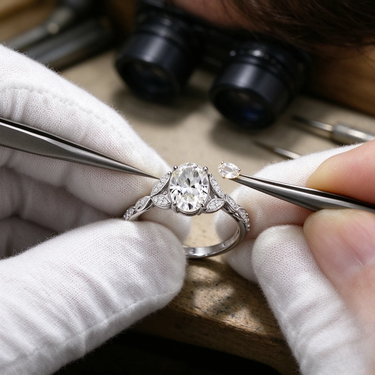 Moissanite ring set craftsmanship close-up of marquise leaf clusters
