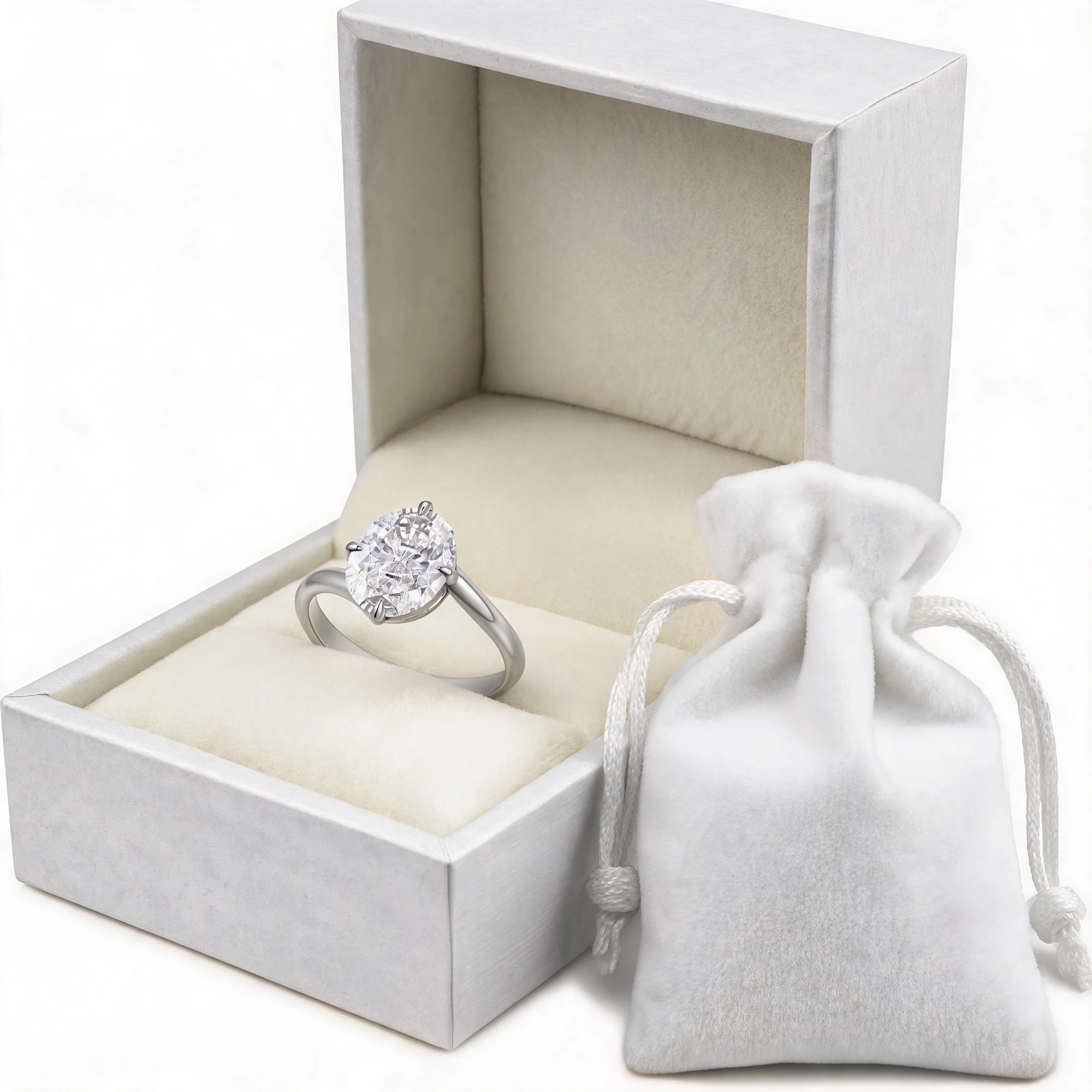 Complete Geometric Silver Ring Packaging Set with Presentation Box and Protective Pouch