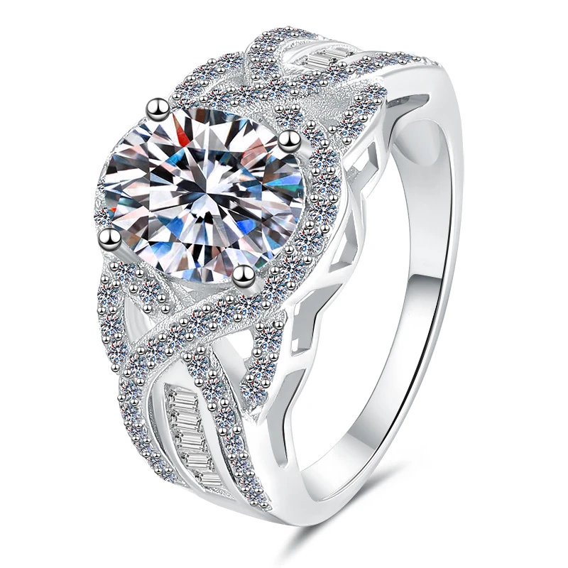 2ct Oval Halo Moissanite Ring - GRA Certified D-Color VVS1 925 Sterling Silver Hand-Set Halo Engagement Ring with Baguette Split Shank | MIRAMETAL