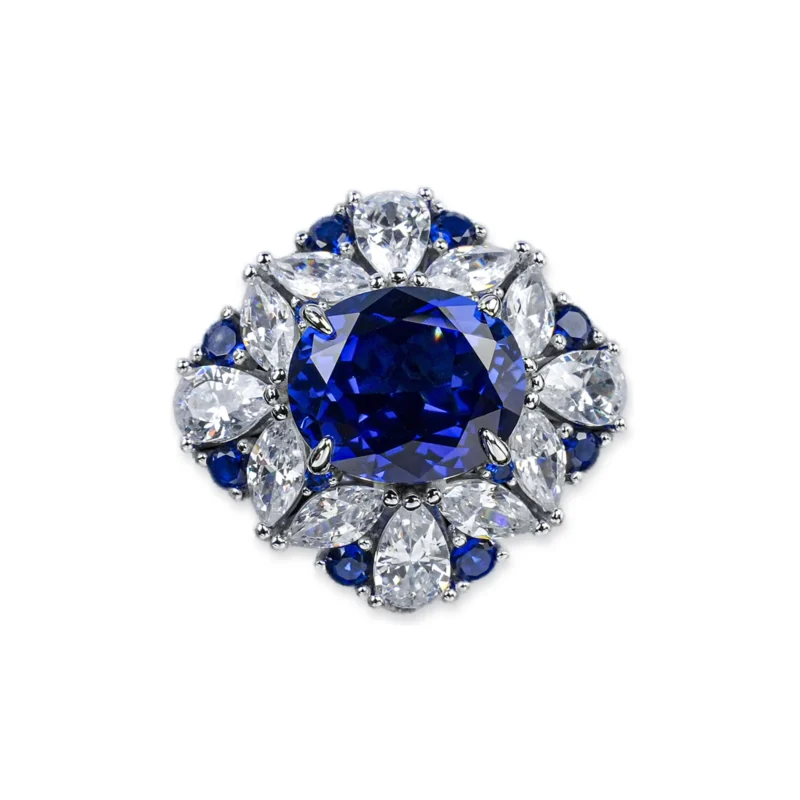 Butterfly Sapphire Ring 925 – hero studio view of the lab-grown blue sapphire floral halo ring in rhodium-plated S925 sterling silver