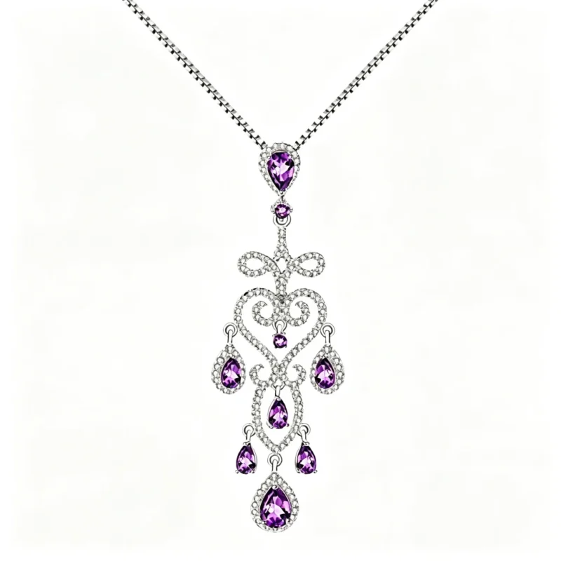 Natural amethyst floral pendant necklace in 925 silver on pure white background