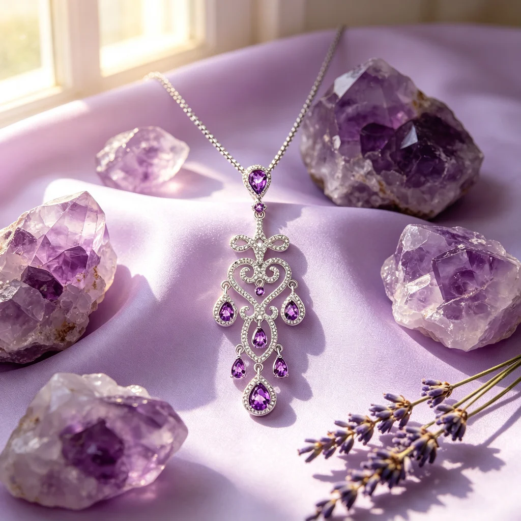 Amethyst floral pendant design story with silver swatches and petals