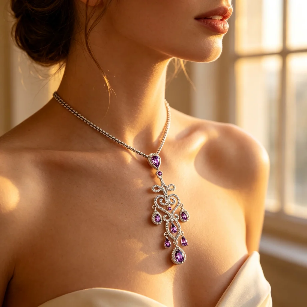 Western woman wearing amethyst floral pendant with ivory styling