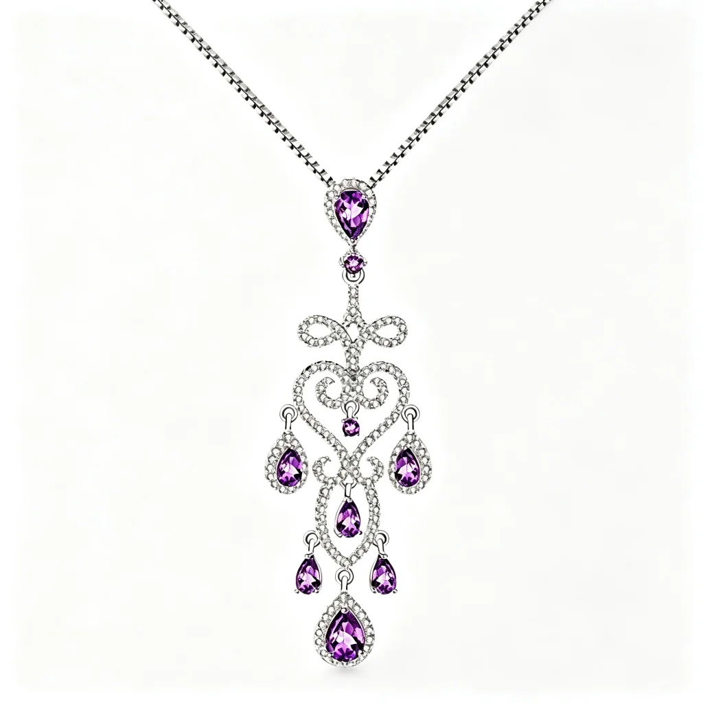 Material detail of S925 silver amethyst pendant with clear accents