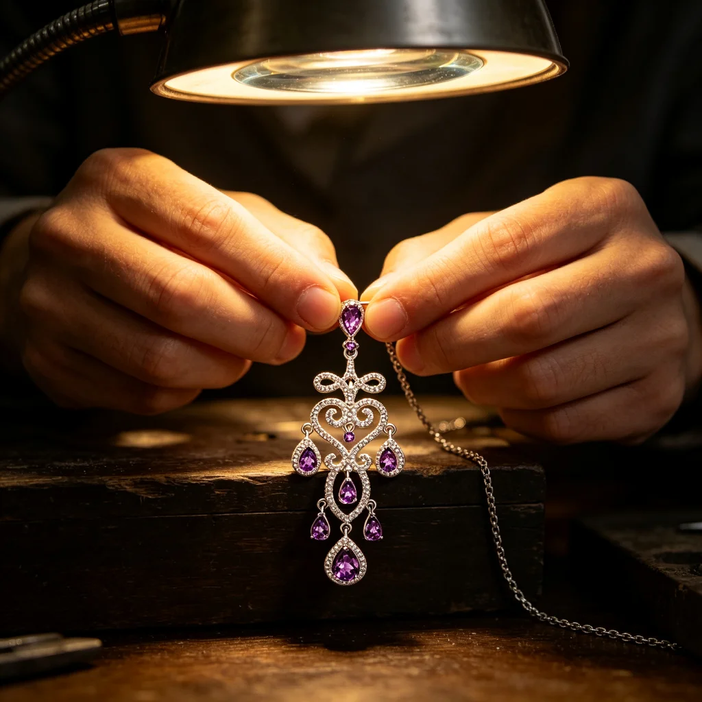 Jeweler finishing a natural amethyst floral pendant