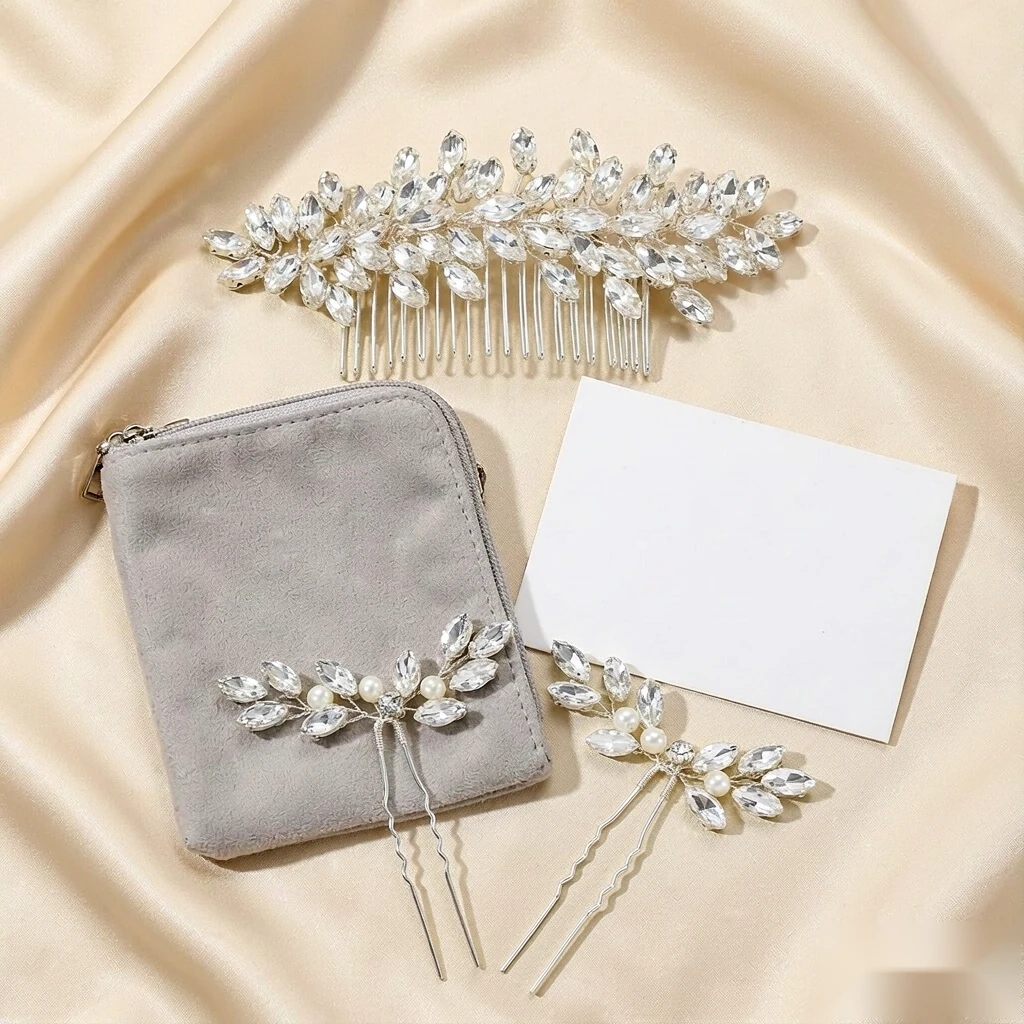Silver crystal bridal hair pieces set in protective gift packaging with care card