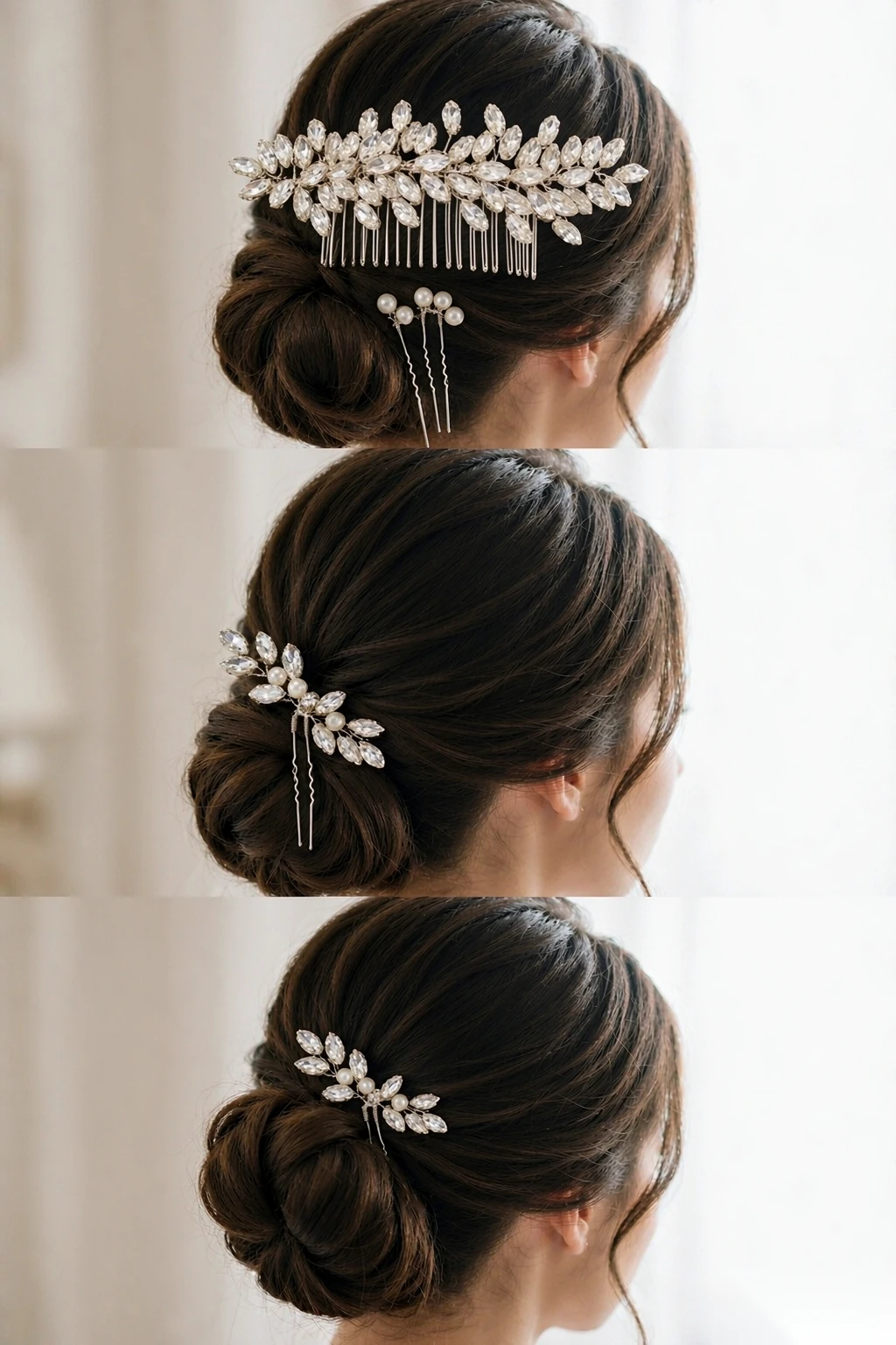 Three bridal looks styled with silver crystal hair comb and pearl hair pins