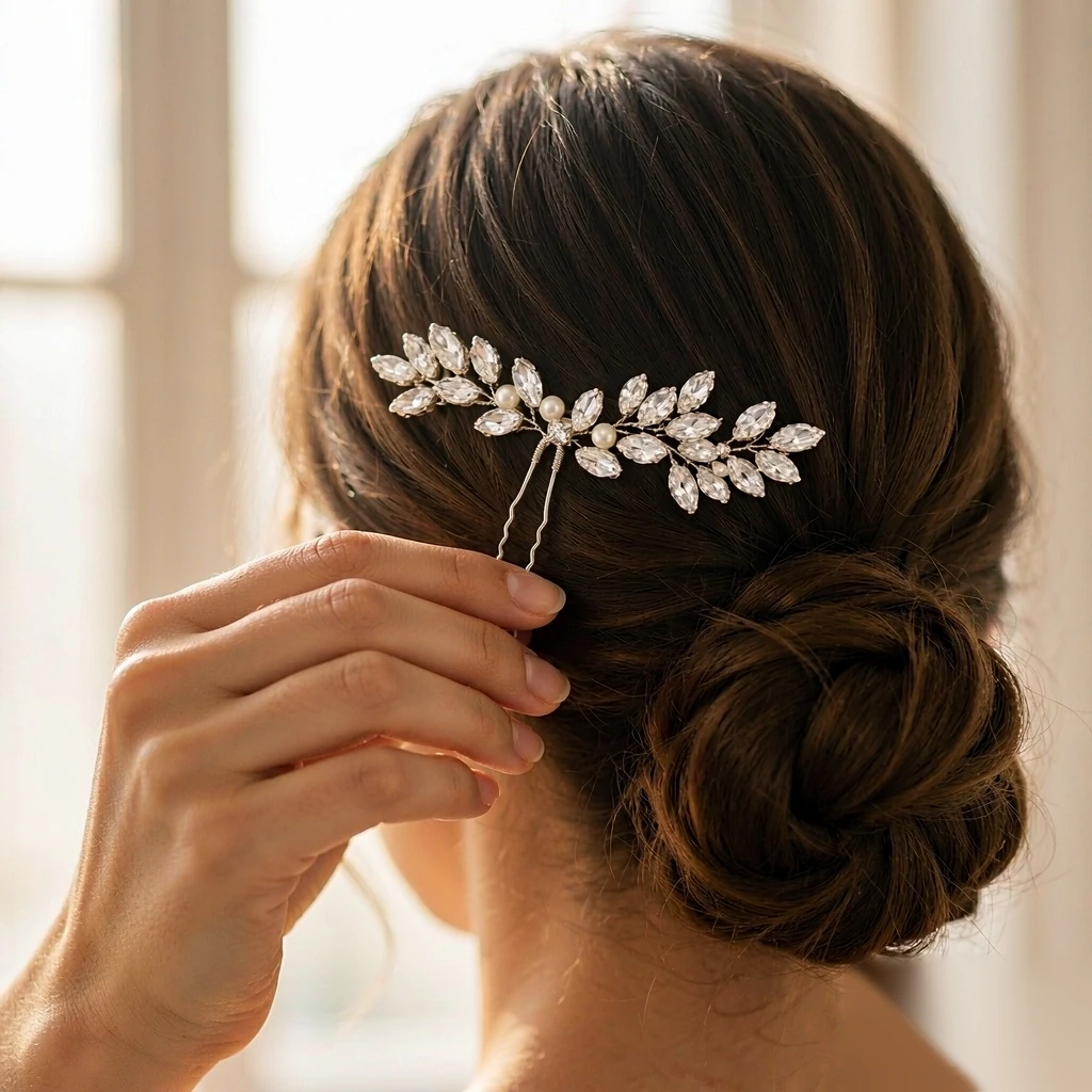 Bride wearing silver crystal bridal hair pieces in an elegant wedding updo