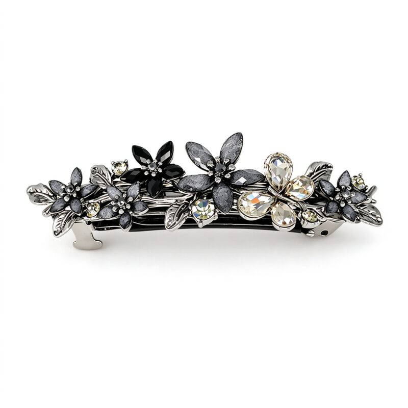 Vintage black silver flower rhinestone hair clip barrette