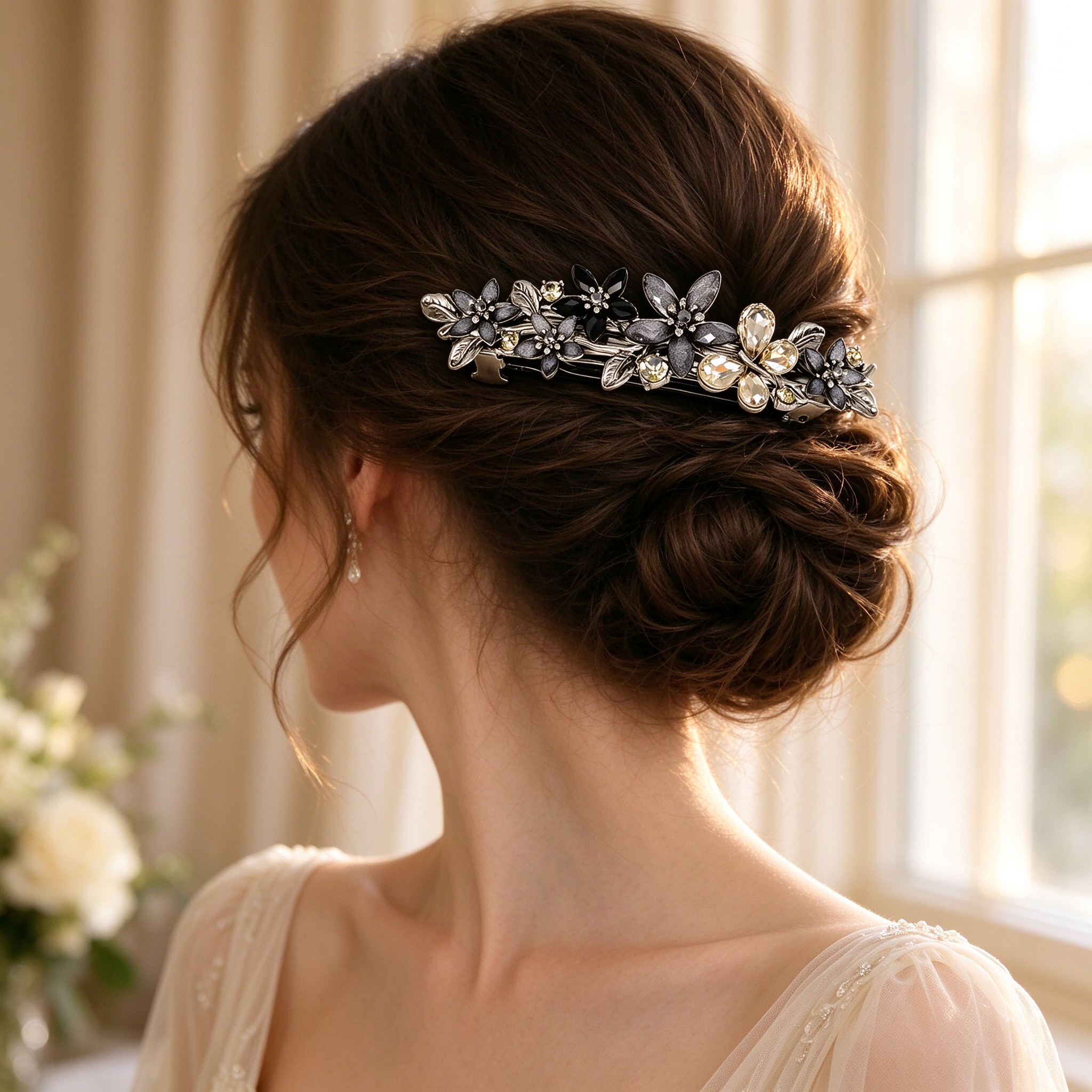 Western bride wearing a rhinestone flower hair clip in a low bun