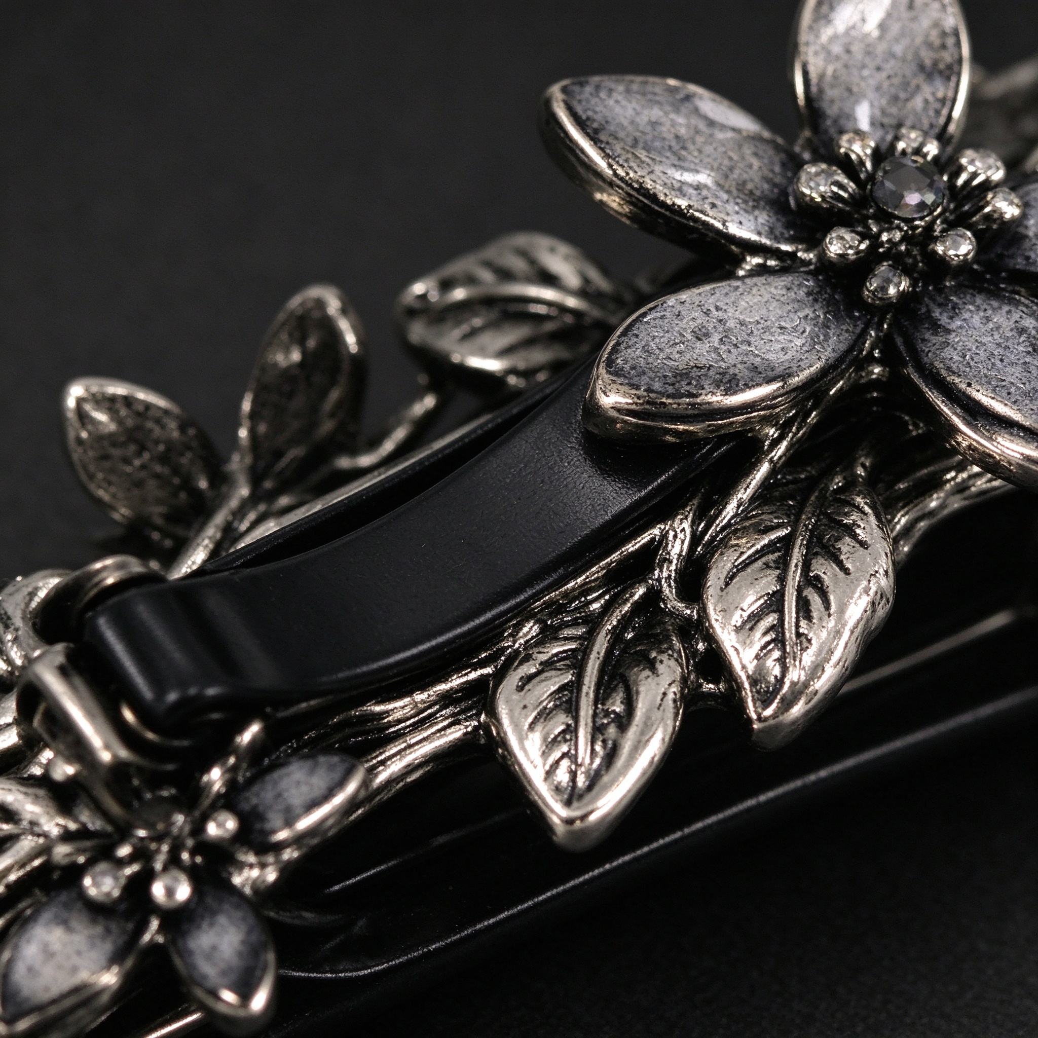 Craftsmanship detail of the floral rhinestone hair clip