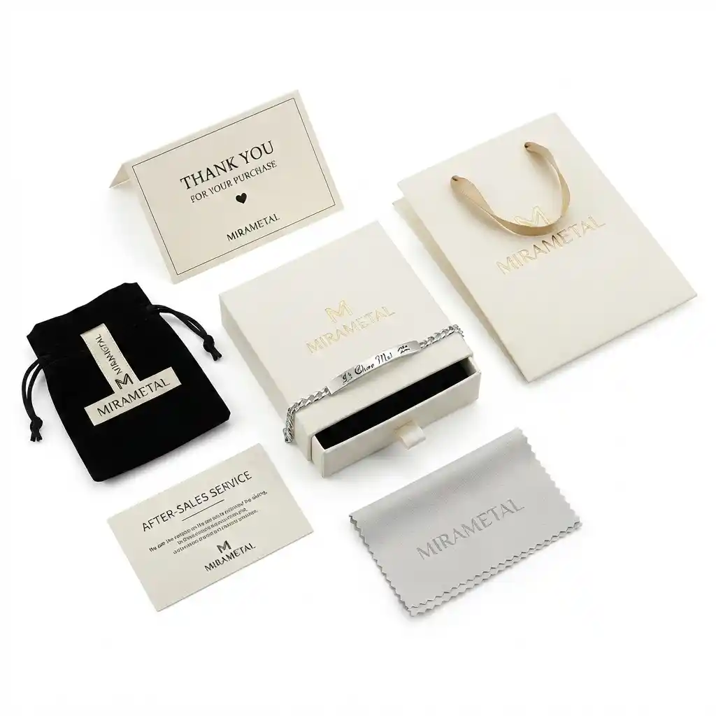 Complete packaging set for ML-1600 bracelet including gift box, anti-tarnish bag, polishing cloth, and brand card.