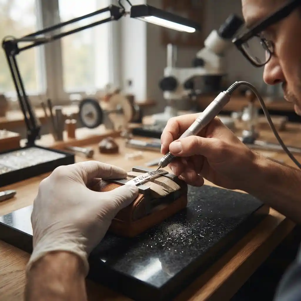 Close up of the engraving craftsmanship process for ML-1600 custom name bracelets at the MIRAMETAL workshop.