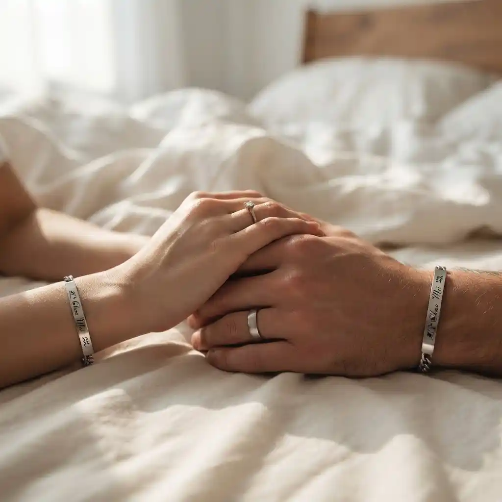 Romantic couple holding hands showing matching ML-1600 custom name bracelets as a symbol of love.