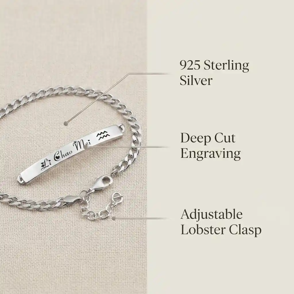 Material specification chart for ML-1600 925 sterling silver bracelet showing engraving and chain details.