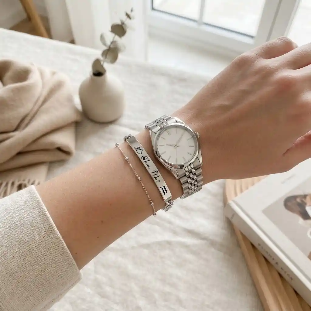 Styling guide for ML-1600 custom name bracelet layered with a watch and other fine jewelry.