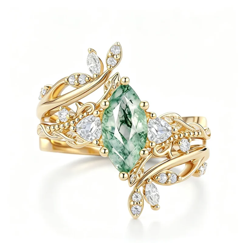 Moss Agate Stacking Ring Set - Gold Tone 925 Silver