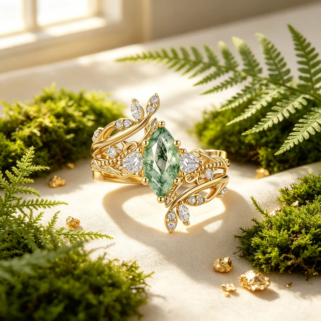 Moss agate ring design story with botanical props and gold swatches