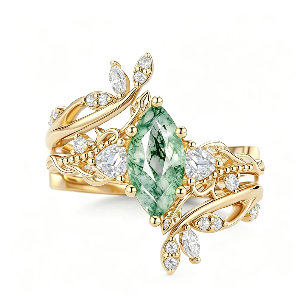 Material detail of moss agate ring set with moissanite accents