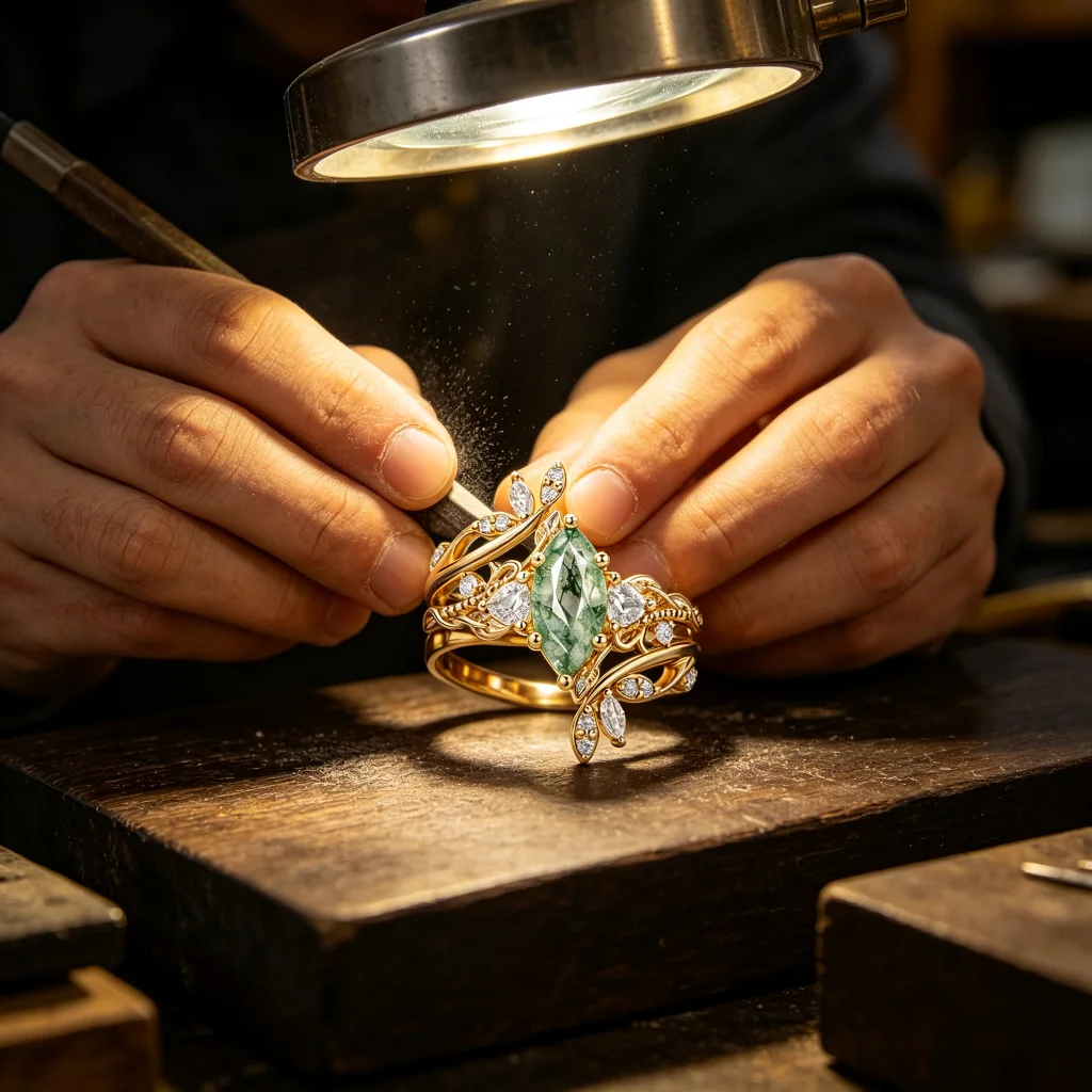 Jeweler finishing a moss agate ring set