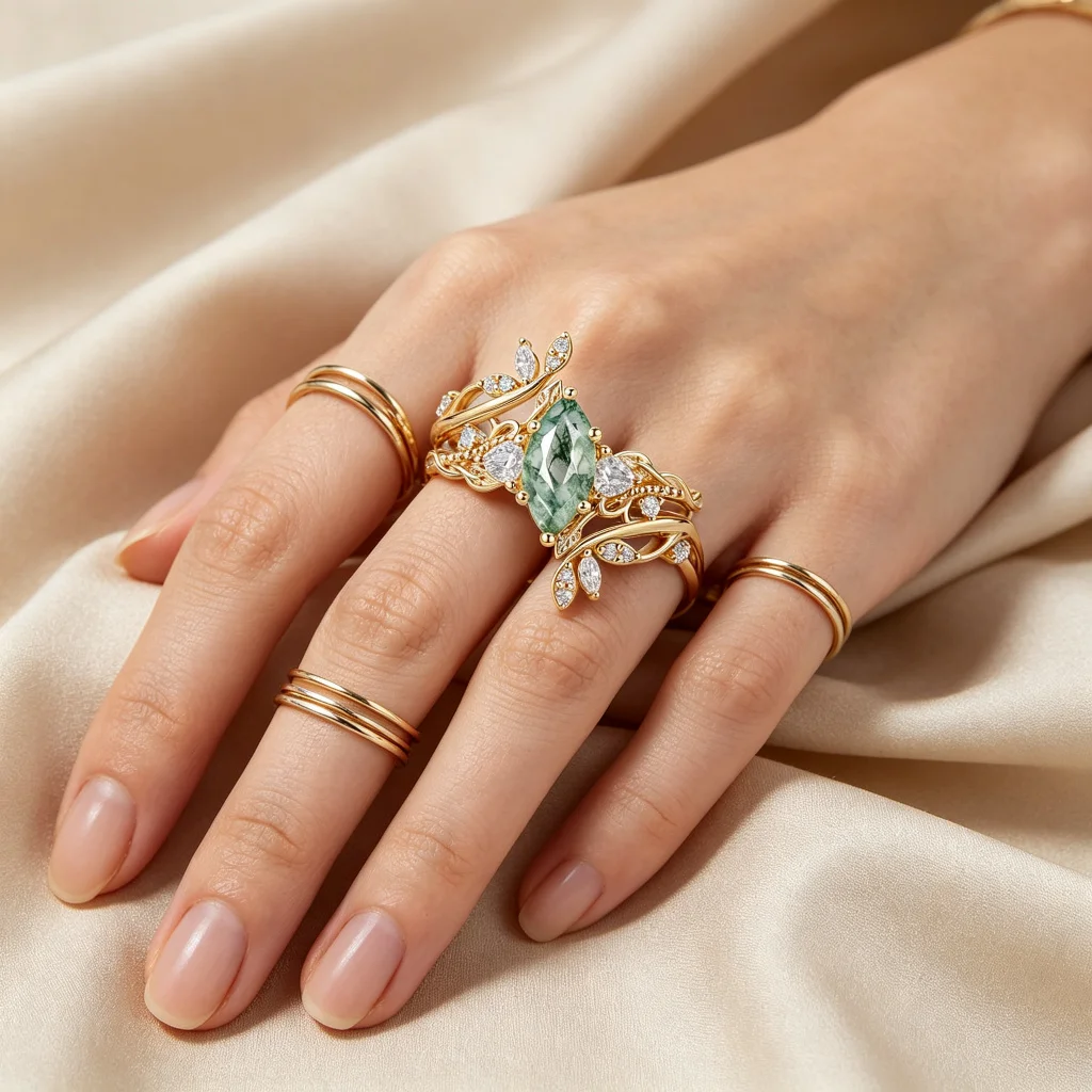Three styling ideas for a moss agate ring set