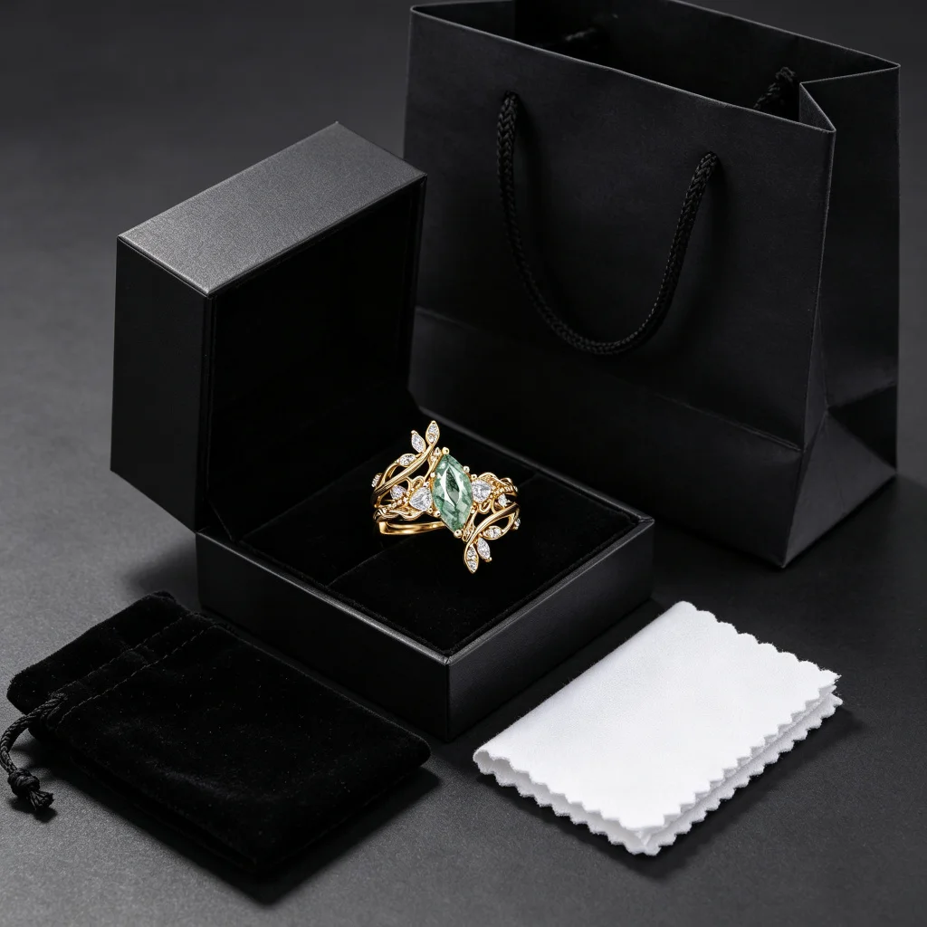 Moss agate ring set with premium jewelry packaging