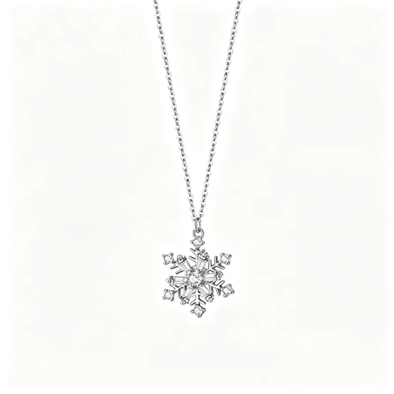 Rotating snowflake pendant necklace in 925 sterling silver on pure white background