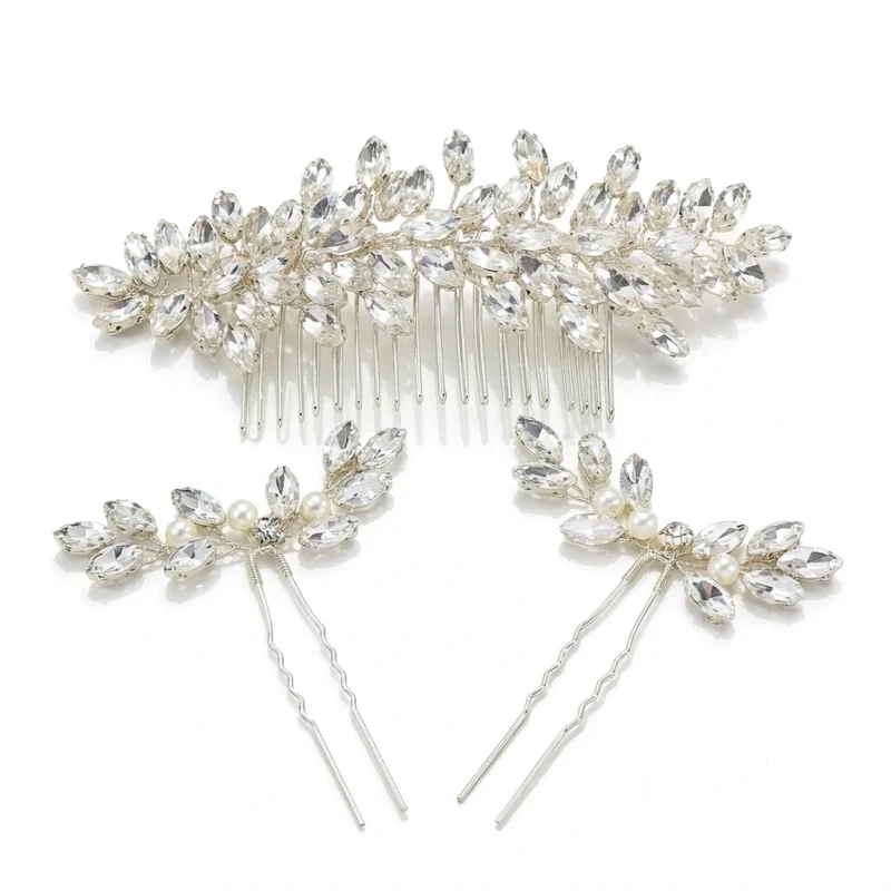 Silver crystal bridal hair pieces set with marquise leaf hair comb and two pearl wedding hair pins