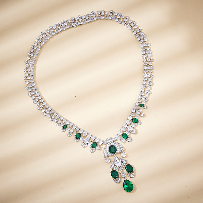 Emerald Green Pendant Necklace - Gold Plated Crystal Drop Choker