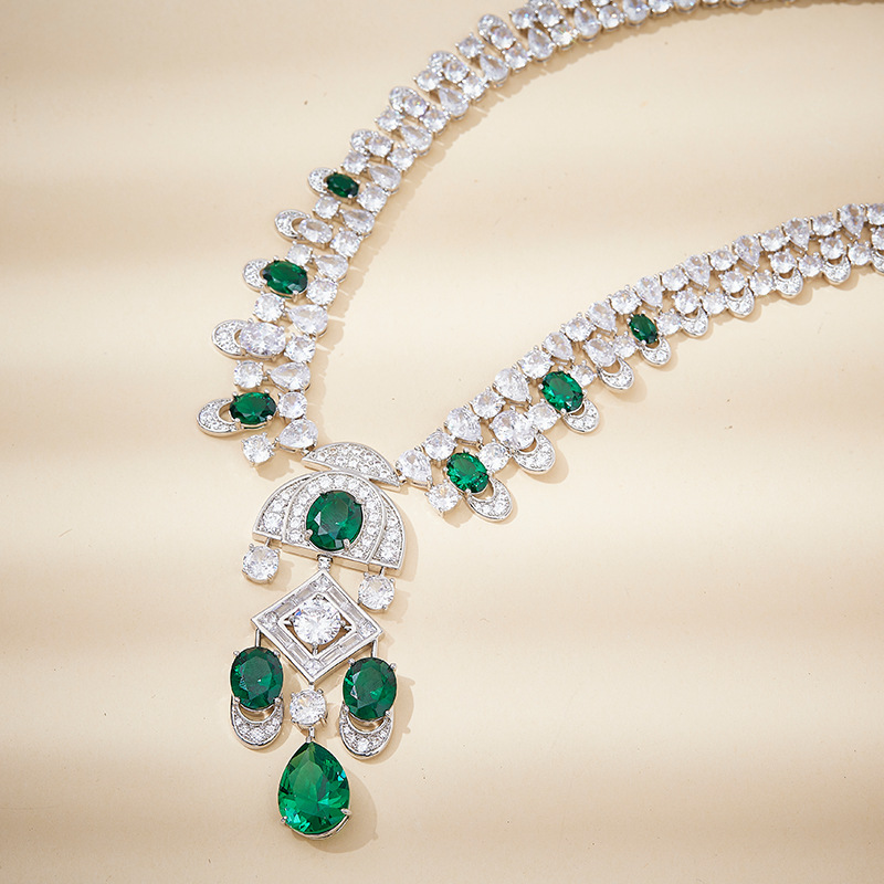 Emerald Green Pendant Necklace - Gold Plated Crystal Drop Choker